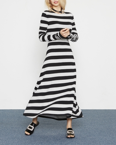 Highfur Striped Long Sleeve Dress_black&amp;grey